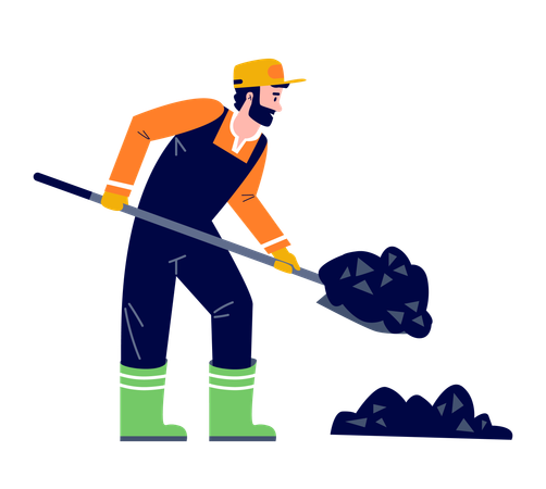 Road construction worker lays asphalt with shovel  Illustration