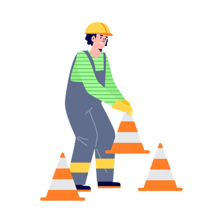 Road construction worker places traffic cones  Illustration
