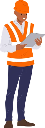 Road Worker Engineer Supervisor Cartoon Character Checking And Controlling Construction Process Standing Isolated On White Inspector Safety Specialist Wearing Uniform And Hardhat Vector Illustration Illustration