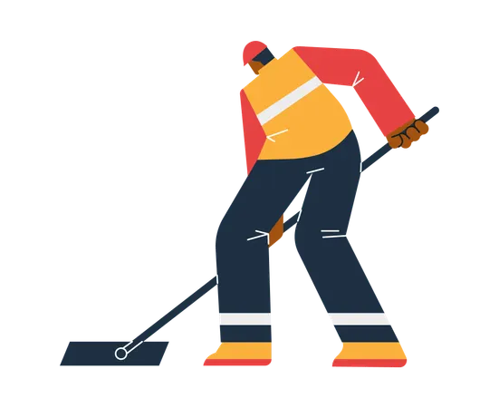 Road labor in helmet and special clothes with stick in his hands  Illustration