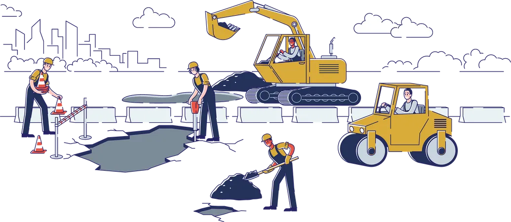 Road Repairing Works With Tools And Heavy Machinery Illustration