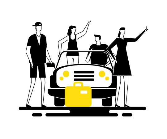 Road trip - Group of friends standing near a car with luggage taking a selfie  Illustration
