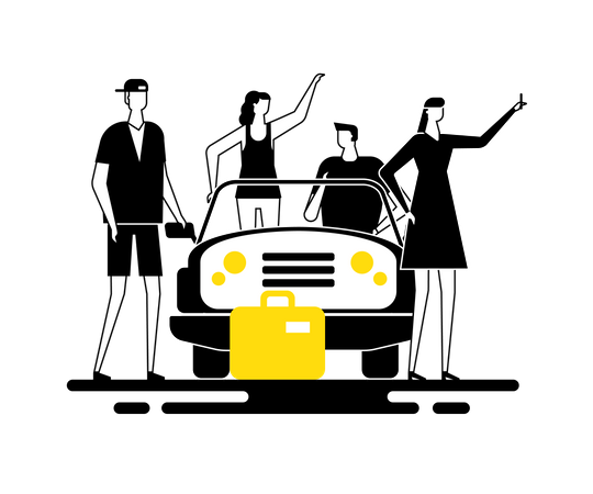 Road trip - Groupe d'amis debout près d'une voiture avec des bagages prenant un selfie  Illustration