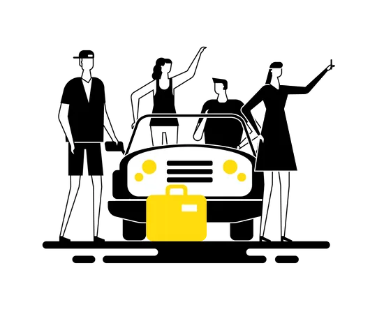 Road trip - Groupe d'amis debout près d'une voiture avec des bagages prenant un selfie  Illustration