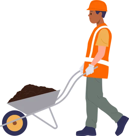Male Road Worker Cartoon Character Carrying Wheelbarrow With Ground Or Asphalt Mix For Repairing Or Construction Work Isolated On White Background Busy Man Builder Profession Vector Illustration Illustration