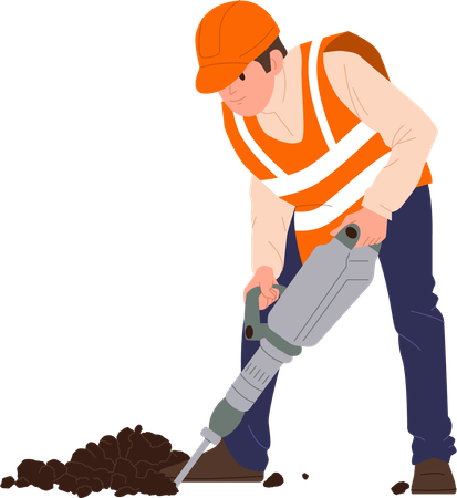 Road worker in uniform using drilling machine  Illustration