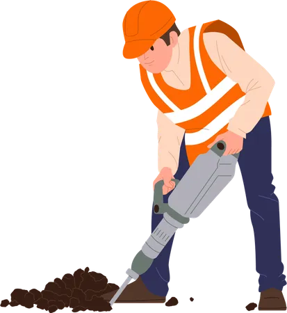 Road Worker Cartoon Character In Uniform Using Drilling Machine For Asphalt Layer Surface Repair Vector Illustration Construction Work And Professional Engineer Industrial Staff Service Concept イラスト