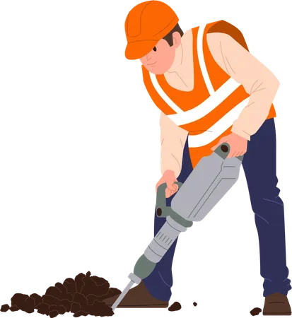 Road worker in uniform using drilling machine  Illustration