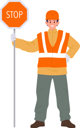Road worker wearing uniform holding stop sign  Illustration
