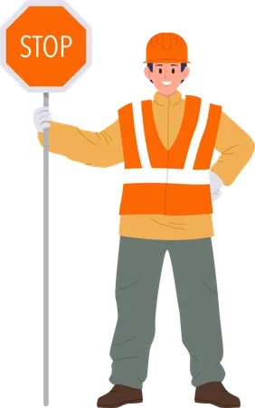 Road Worker Cartoon Character Wearing Uniform And Protective Helmet Holding Warning Caution Sign Stop Blocking Traffic Way Standing Isolated On White Background Repair Or Construction Work Concept Illustration