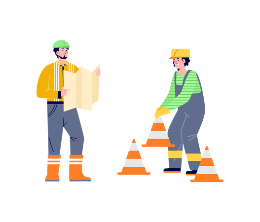 Road workers put traffic cones at construction site  Illustration
