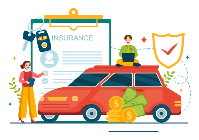 Car Insurance Vector Illustration For Protection For Vehicle Damage And Emergency Risks With Form Document And Cars In Flat Cartoon Background イラスト