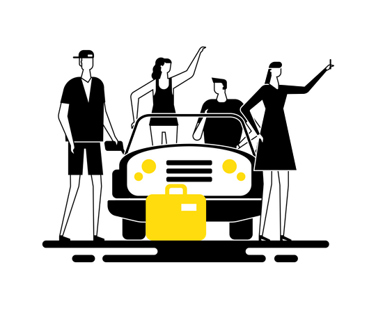 Roadtrip – Eine Gruppe von Freunden steht mit Gepäck neben einem Auto und macht ein Selfie  Illustration