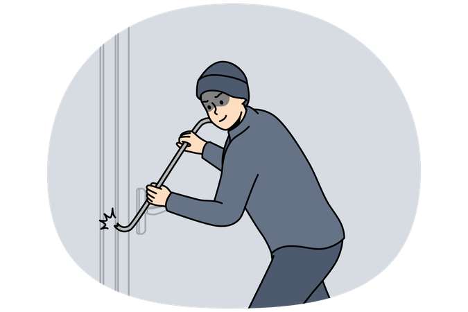 Robber in dark clothing force lock of building door  Illustration