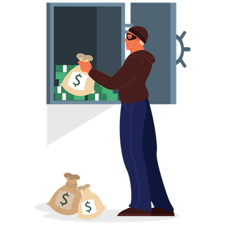 Robber in face mask to open big safe  Illustration
