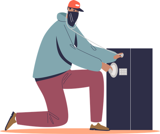 Robber in mask trying to open big safe Illustration