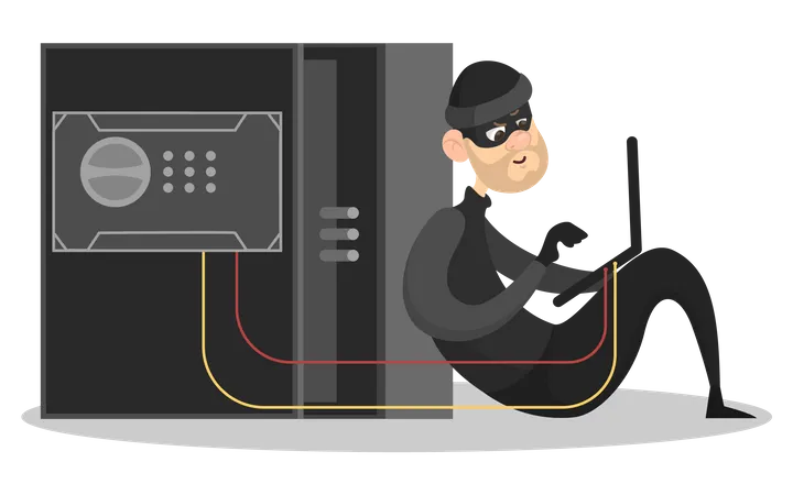 Robber in mask trying to open big safe  Illustration