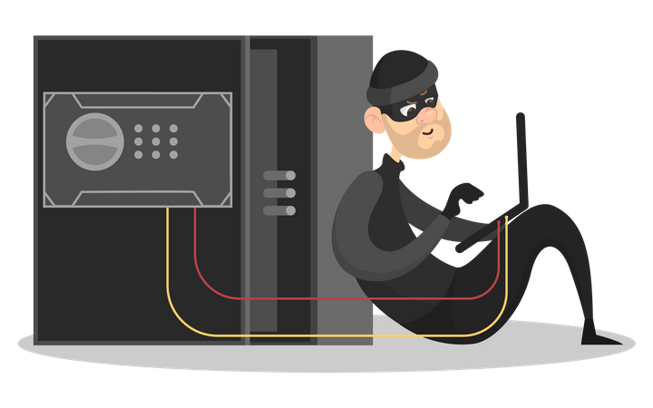 Robber in mask trying to open big safe  Illustration
