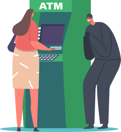 Robber spying on woman using atm machine Illustration