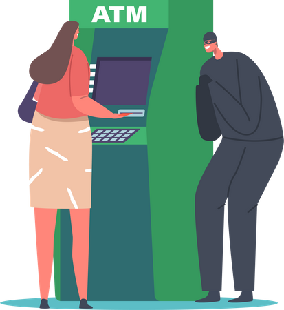 Robber spying on woman using atm machine  Illustration