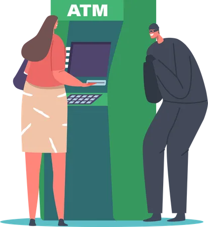 Robber spying on woman using atm machine  Illustration