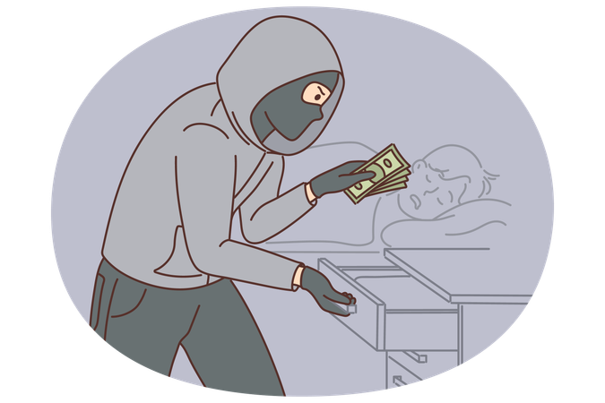 Robber steals money from drawer while victim sleeping on bed  Illustration