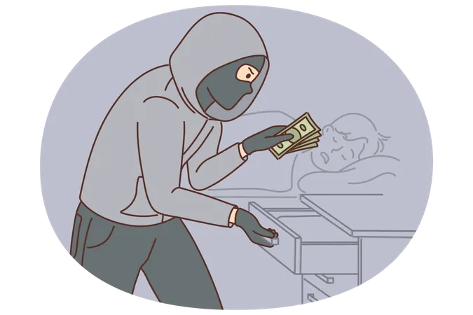 Robber steals money from drawer while victim sleeping on bed  Illustration