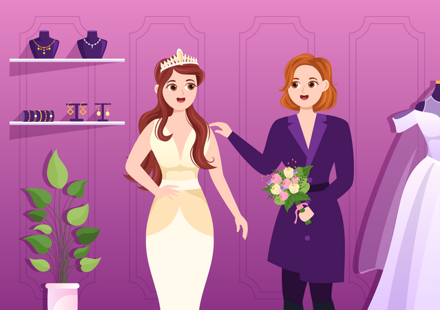 Robe de mariée essayant dans une boutique de mariage  Illustration