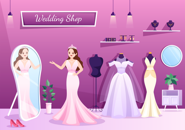 Robe de mariée essayant et regardant dans le miroir au magasin de mariage  Illustration