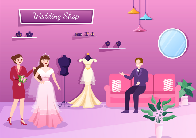 Robe de mariée essayant dans une boutique de mariage  Illustration