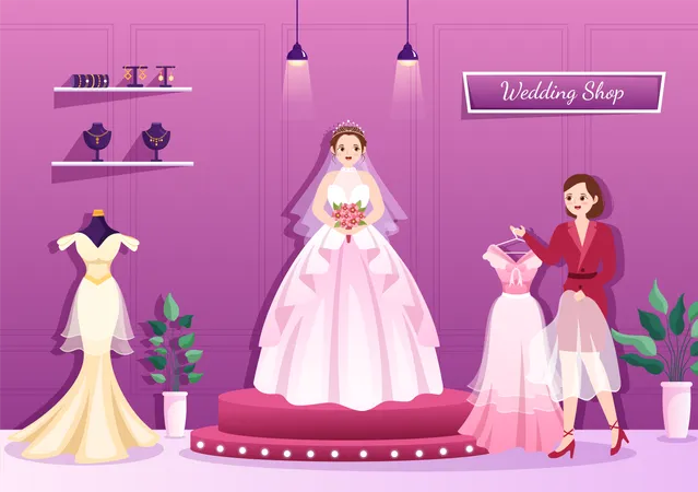 Robe de mariée essayant dans une boutique de mariage  Illustration
