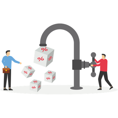 Robinet d'eau à ouverture manuelle et bloc cube avec symbole de pourcentage  Illustration