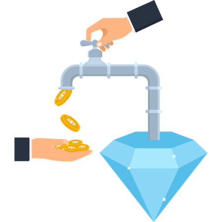 Robinet tournant à la main avec des pièces coulant dans la main et un diamant  Illustration