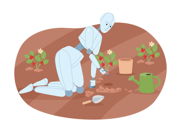 Robô de IA em jardinagem para plantio de plantas  Ilustração