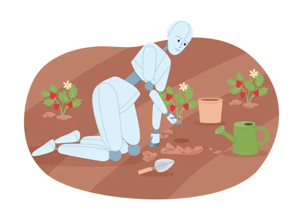 Robô de IA em jardinagem para plantio de plantas  Ilustração