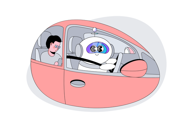 Robô AI transportando humanos em carro  Ilustração