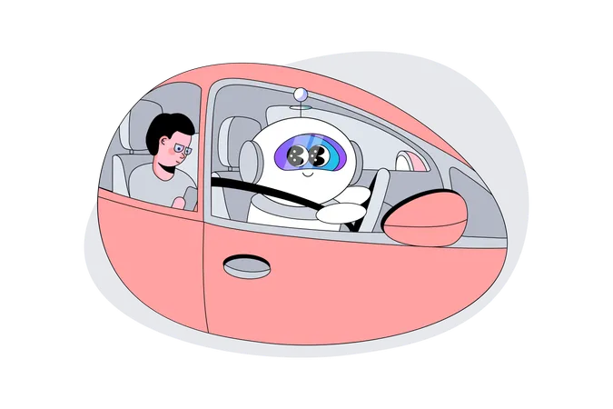 Robô AI transportando humanos em carro  Ilustração