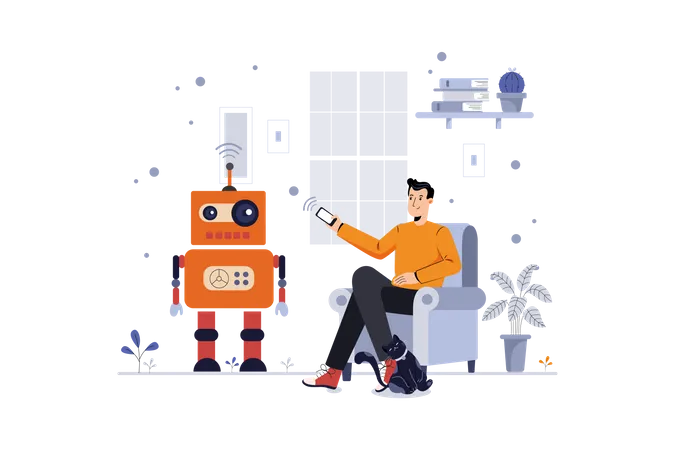 Homem controlando robô  Ilustração