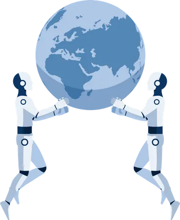 Dois Robos Ai Ajudam Juntos A Criar O Mundo A Inteligencia Artificial E A IA Governam O Conceito De Mundo Ilustração