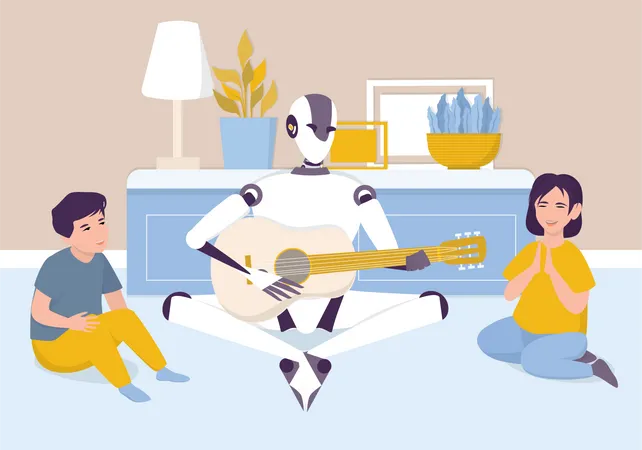 Robô de inteligência artificial tocando violão para crianças  Ilustração