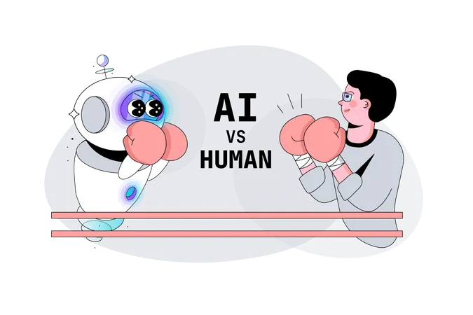 Robô de Inteligência Artificial versus luta humana no ringue  Ilustração