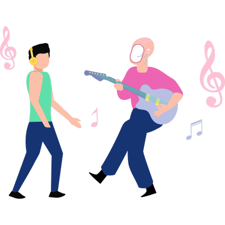 Robô e homem estão dançando na guitarra  Ilustração