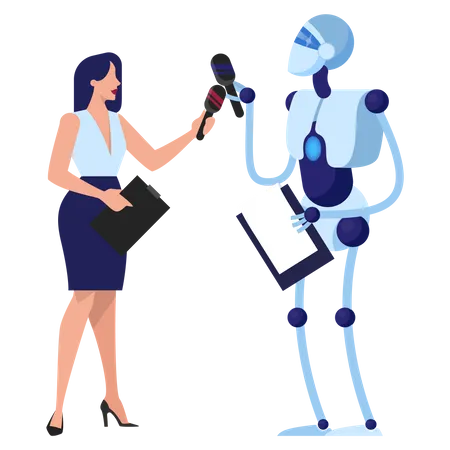 Robo Como Reporter Ideia De Inteligencia Artificial Jornalista Feminina Segurando Microfone Ilustracao Isolada Ilustração