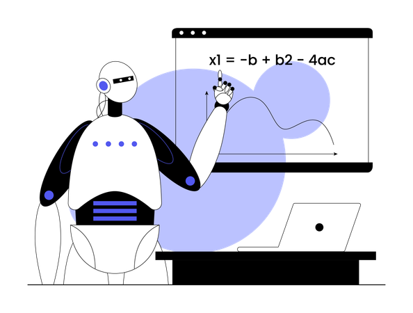 Robô ensinando equação matemática para alunos  Ilustração