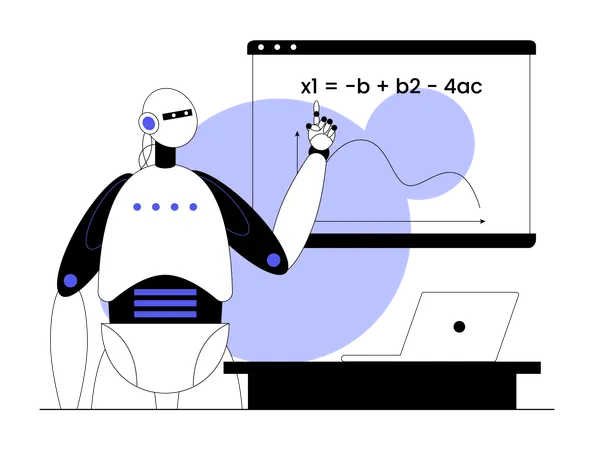 Robô ensinando equação matemática para alunos  Ilustração