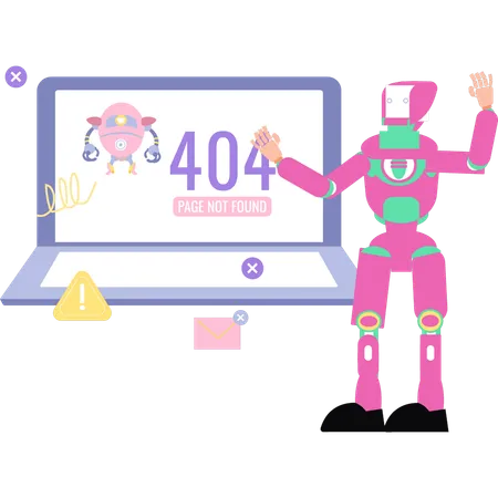 O robô está mostrando a página de erro 404 no laptop  Ilustração