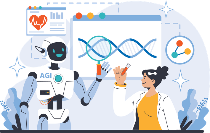 Robô fazendo pesquisa de DNA com garota  Ilustração