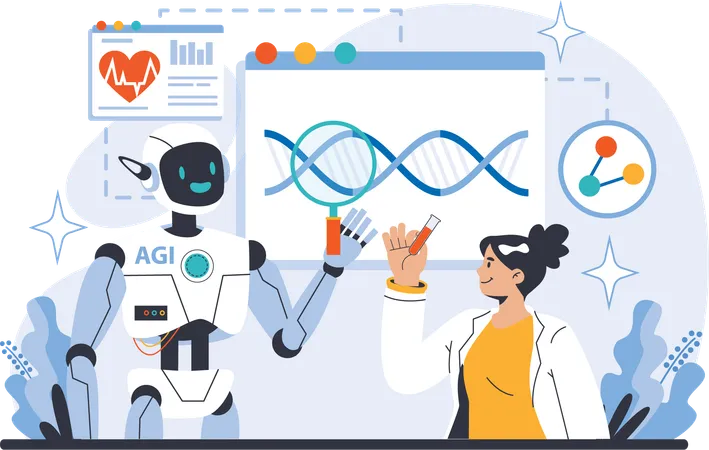 Robô fazendo pesquisa de DNA com garota  Ilustração