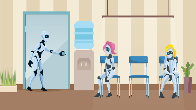 Fila de robôs no corredor do escritório aguardando entrevista de emprego  Ilustração