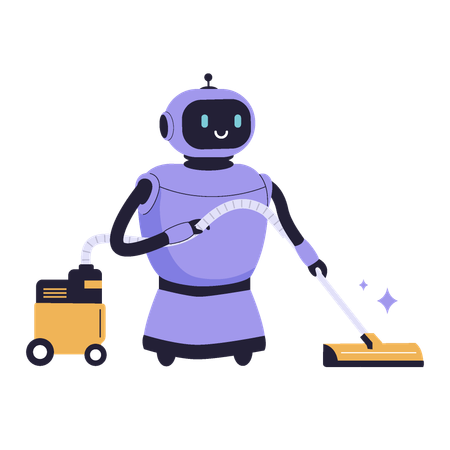 Robô fofo aspirando o chão com ferramenta de limpeza  Ilustração
